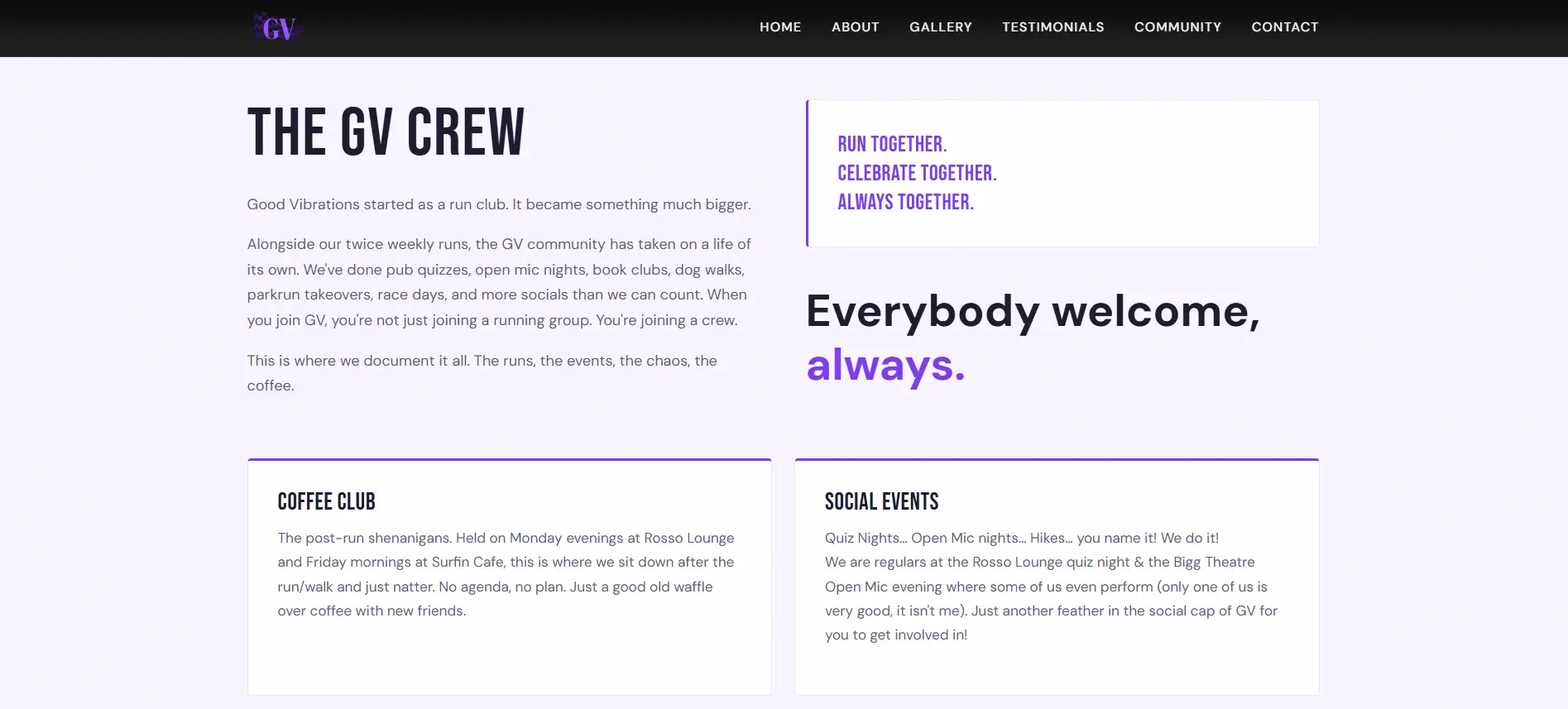 The community page showing cards for coffee mornings, book club, quiz night and hikes