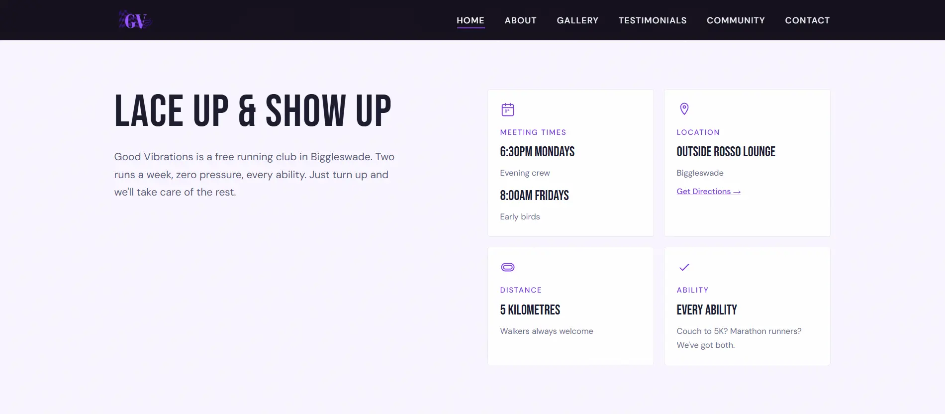 The Good Vibrations Run Club website home page cards on a laptop