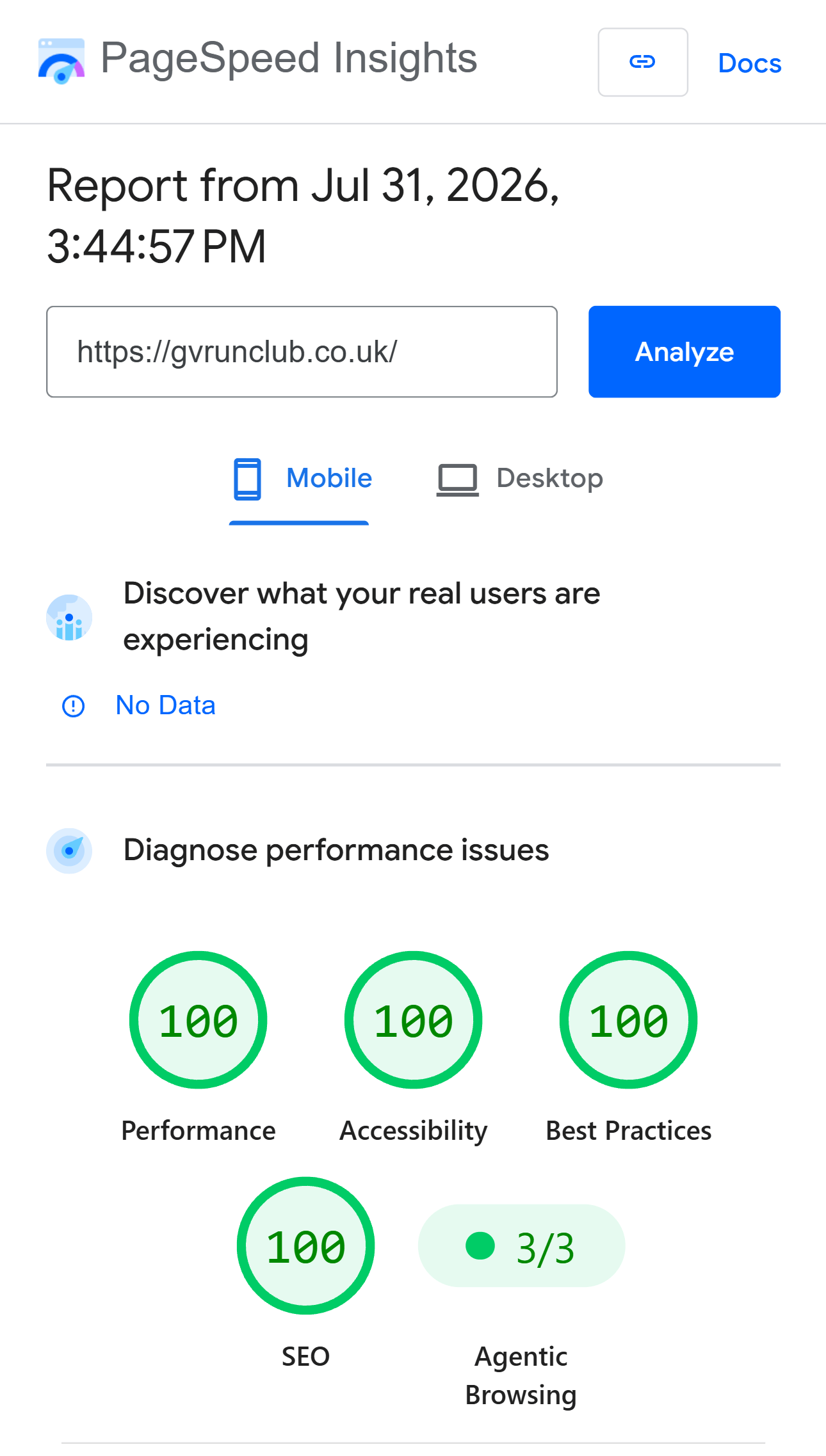 Google PageSpeed Insights report for gvrunclub.co.uk showing 100 for performance, accessibility, best practices and SEO
